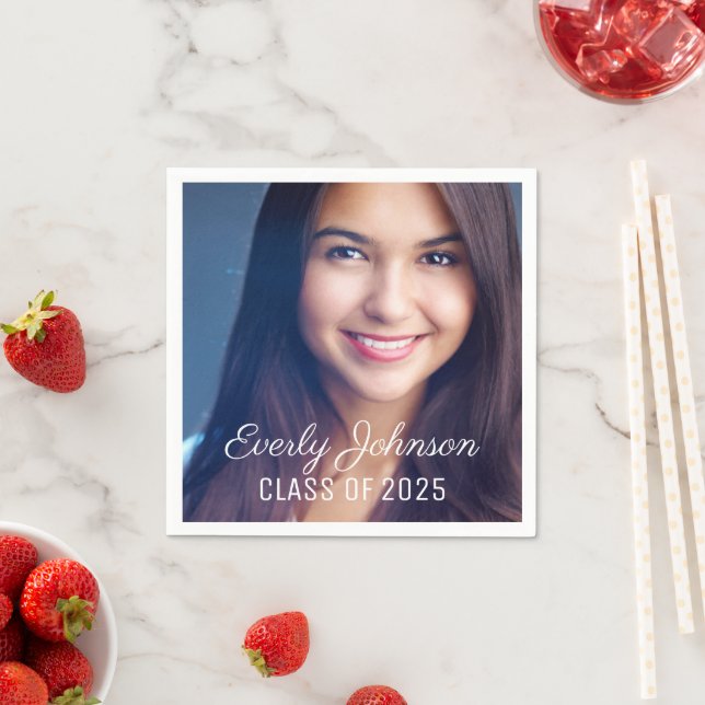 Simply Elegant White Script Photo Graduation Napkins (Insitu)