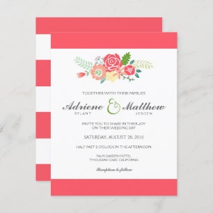 Simply Floral & Stripes Wedding Invitation / Coral