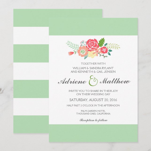 Simply Floral & Stripes Wedding Invitation / Mint (Front/Back)
