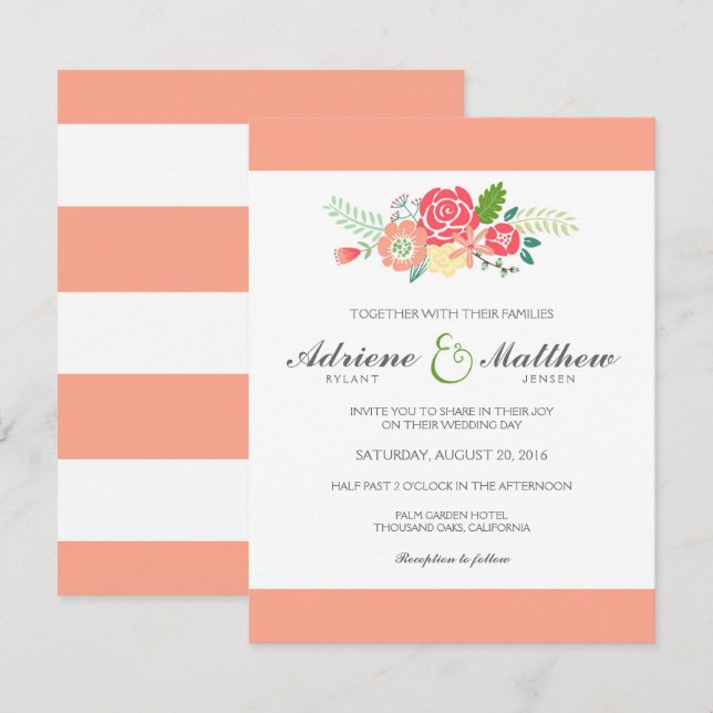Simply Floral & Stripes Wedding Invitation / Peach (Front/Back)