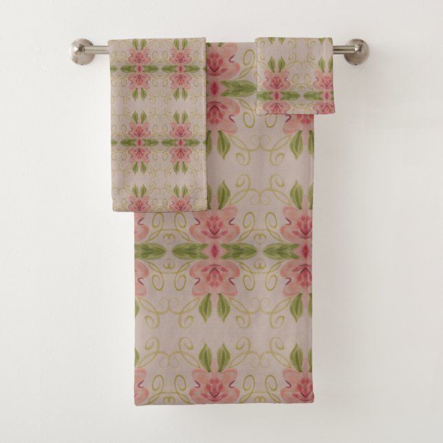 Simply Gorgeous With Taupe and Pink Floral Bath Towel Set (Insitu)