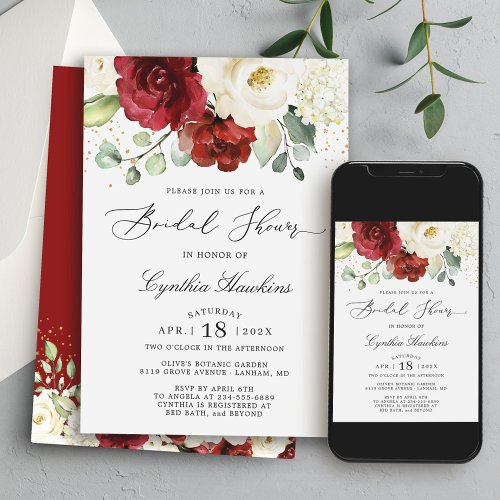 Simply Graceful Red White Floral Bridal Shower Invitation