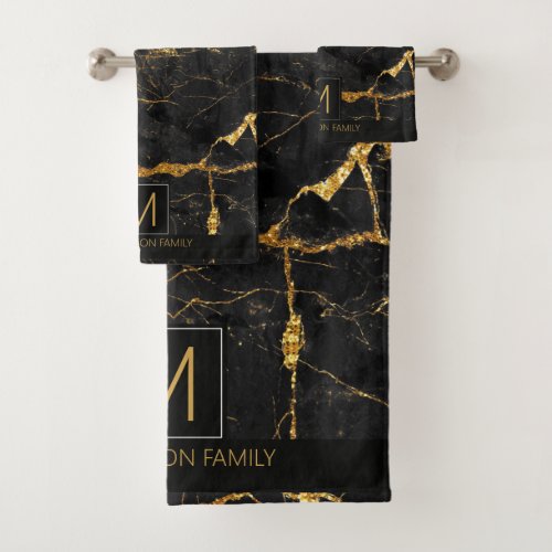 Simply Marble Monogram Black and Gold ID672 Bath Towel Set