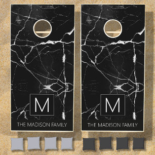 Simply Marble Monogram Black and White ID672 Cornhole Set