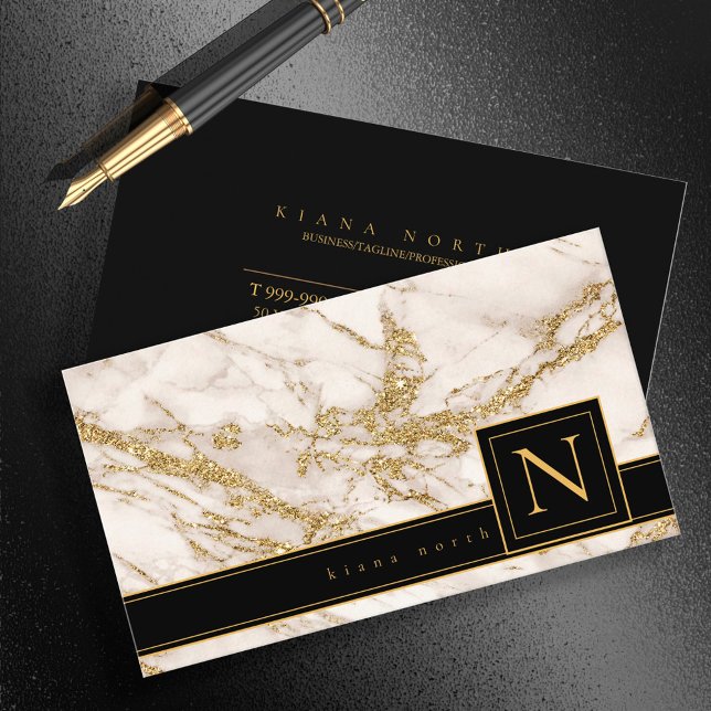 Simply Marble Monogram Black/Gold Std ID672 Business Card (Creator Uploaded)