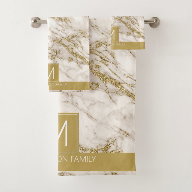 Simply Marble Monogram Gold and White ID672 Bath Towel Set (Insitu)
