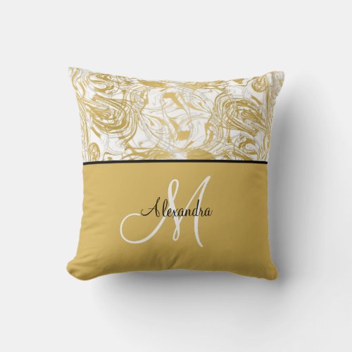 Simply Marble Monogram Gold White Marble and Black Throw Pillow