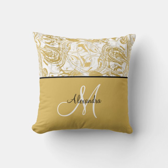 Simply Marble Monogram Gold White Marble and Black Throw Pillow (Front)