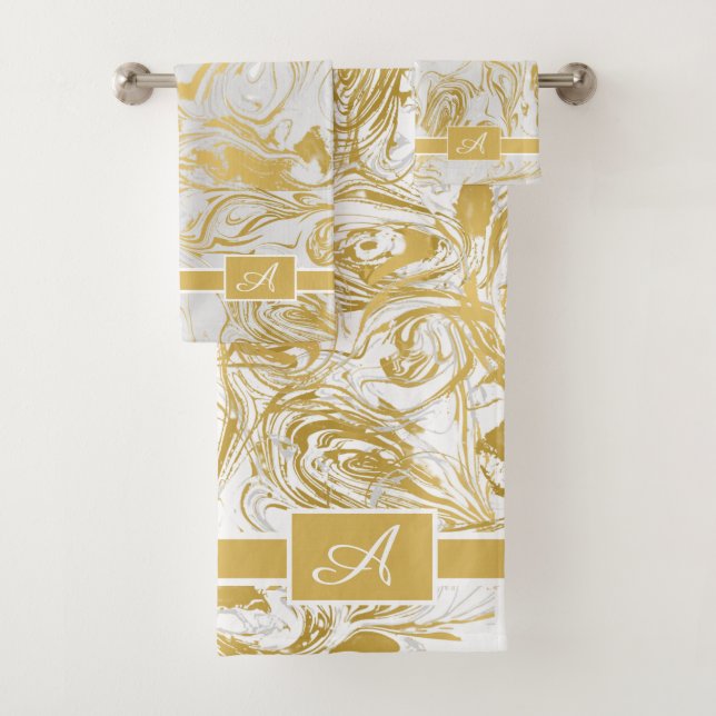 Simply Marble Monogram Gold White Marble  Bath Tow Bath Towel Set (Insitu)