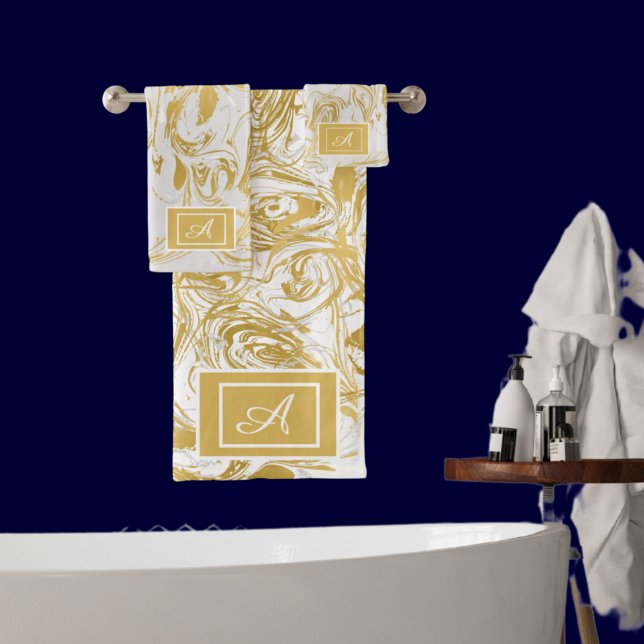 Simply Marble Monogram Gold White Marble  Bath Towel Set (Creator Uploaded)