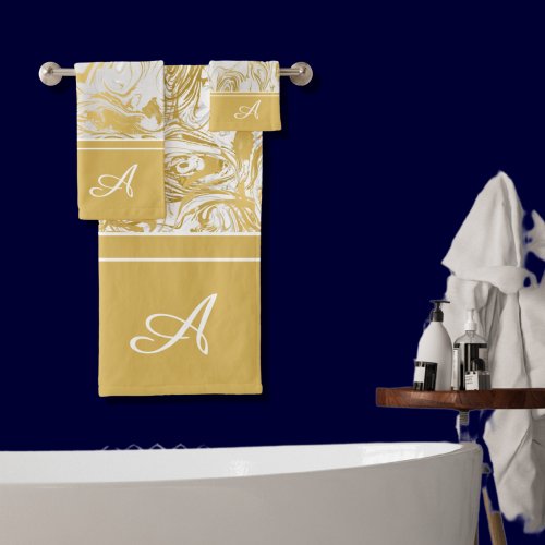 Simply Marble Monogram Gold White Marble   Bath Towel Set
