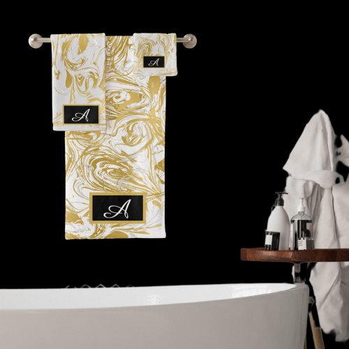 Simply Marble Monogram Gold White Marble black  Ba Bath Towel Set