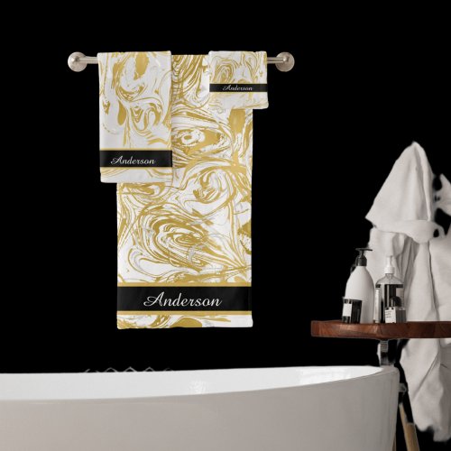 Simply Marble Monogram Gold White Marble black  Bath Towel Set