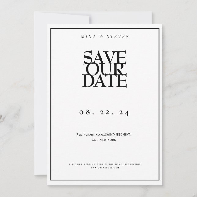 Simply Minimalist black and white wedding  Save The Date (Front)