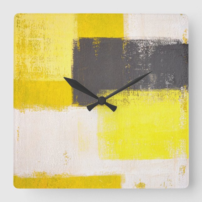 'Simply Modern' Gray and Yellow Abstract Art Clock (Front)
