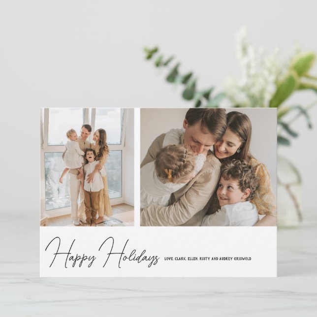Simply Modern Happy Holidays Script 2 Photo Holiday Card (Standing Front)