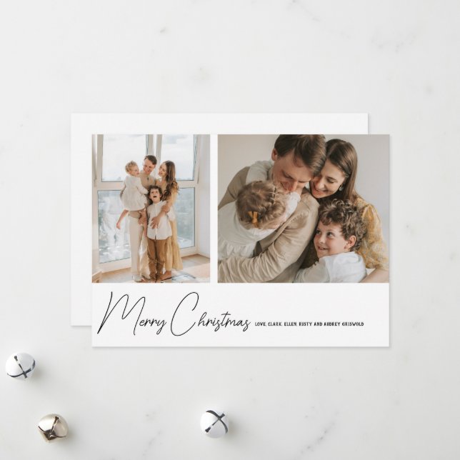 Simply Modern Merry Christmas Script 2 Photo Holiday Card (Front/Back In Situ)