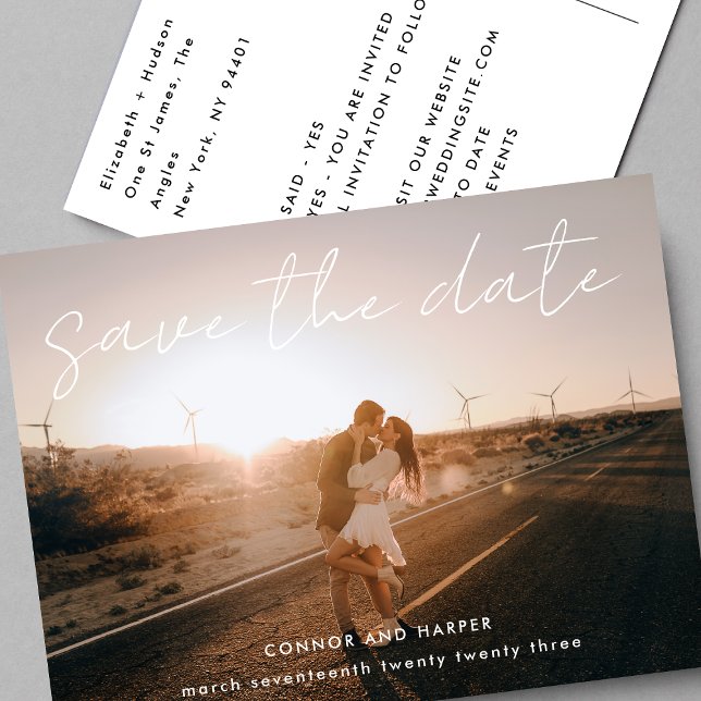 Simply Modern Photo White Text Save The Date Announcement Postcard (Creator Uploaded)