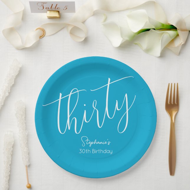 Simply Modern Script Aqua Blue 30th Birthday Party Paper Plates (Wedding)