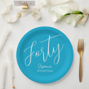 Simply Modern Script Aqua Blue 40th Birthday Party Paper Plates