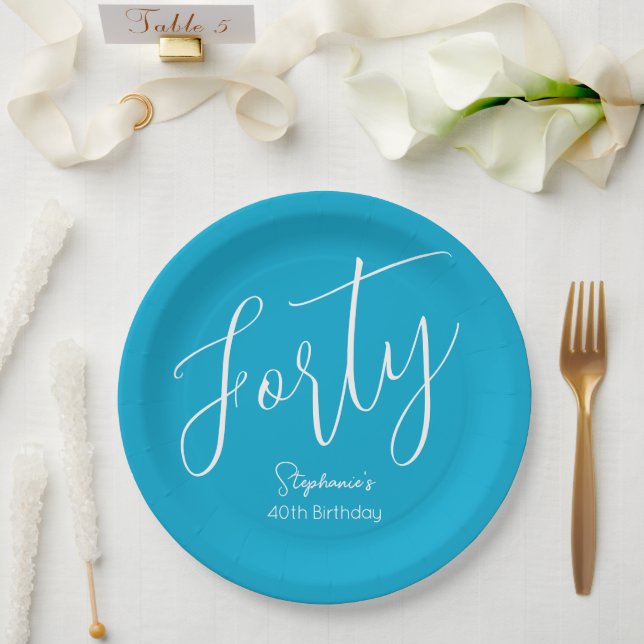 Simply Modern Script Aqua Blue 40th Birthday Party Paper Plates (Wedding)
