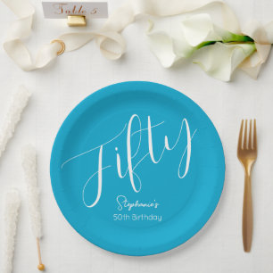 Simply Modern Script Aqua Blue 50th Birthday Paper Plates