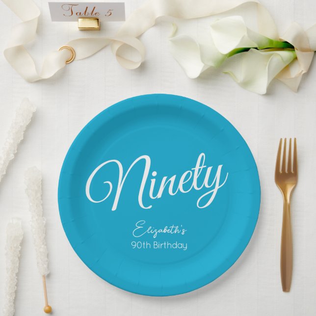 Simply Modern Script Aqua Blue 90th Birthday Party Paper Plates (Wedding)