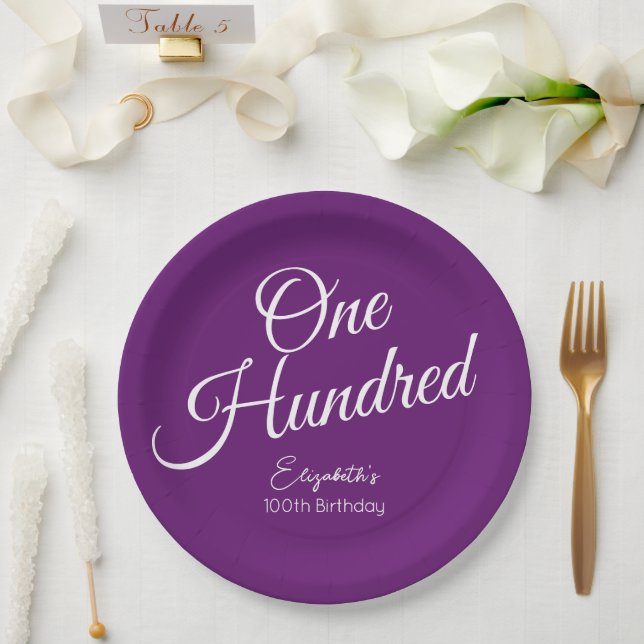 Simply Modern Script Autumn Purple 100th Birthday Paper Plates (Wedding)