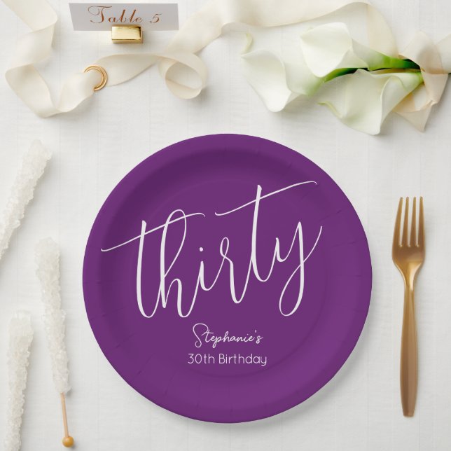 Simply Modern Script Autumn Purple 30th Birthday Paper Plates (Wedding)