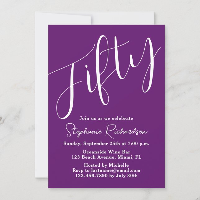 Simply Modern Script Autumn Purple 50th Birthday Invitation (Front)