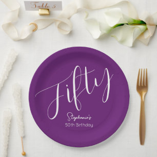 Simply Modern Script Autumn Purple 50th Birthday Paper Plates