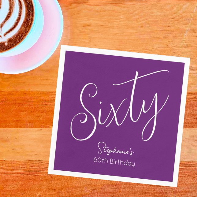 Simply Modern Script Autumn Purple 60th Birthday Napkins (Creator Uploaded)