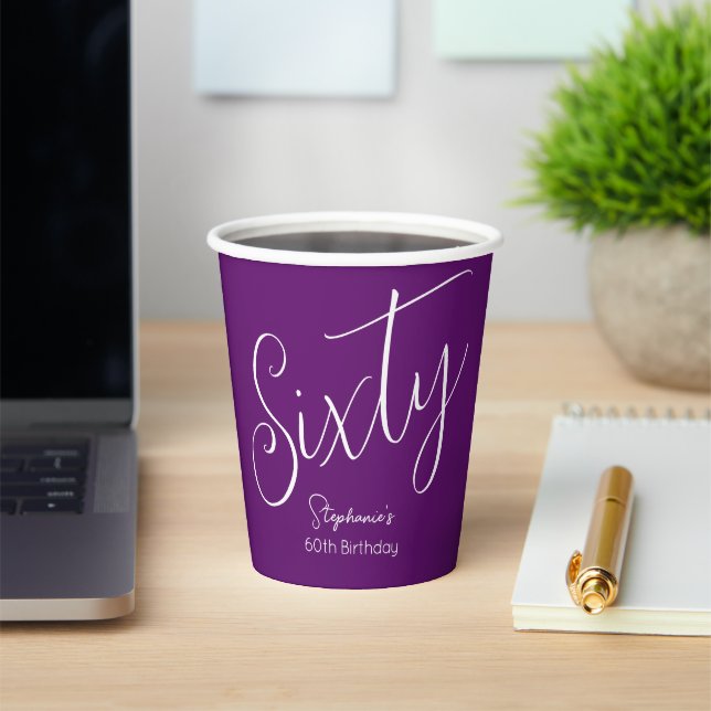 Simply Modern Script Autumn Purple 60th Birthday Paper Cups (Insitu)