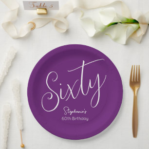 Simply Modern Script Autumn Purple 60th Birthday Paper Plates