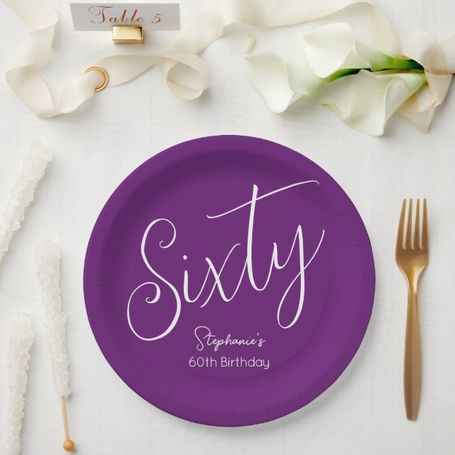 Simply Modern Script Autumn Purple 60th Birthday Paper Plates (Wedding)