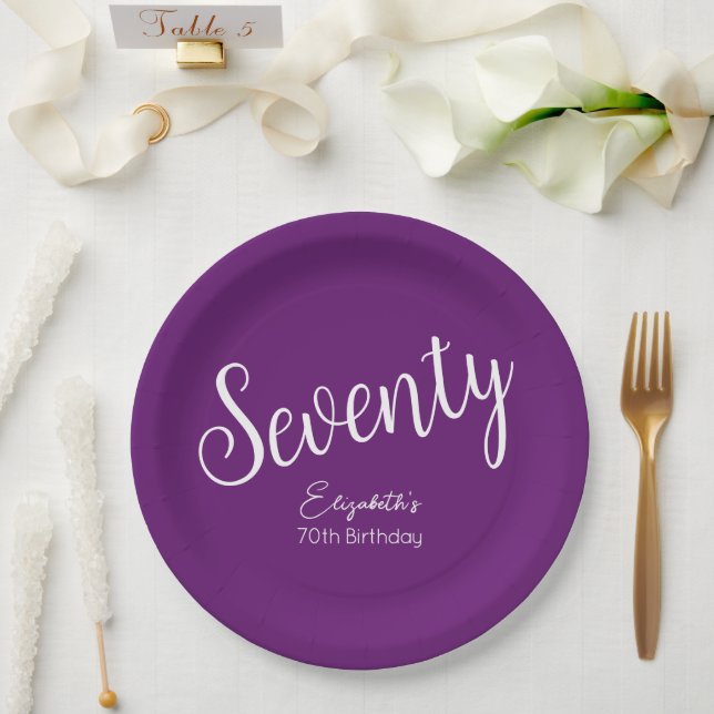 Simply Modern Script Autumn Purple 70th Birthday Paper Plates (Wedding)