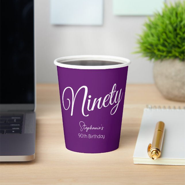 Simply Modern Script Autumn Purple 90th Birthday Paper Cups (Insitu)