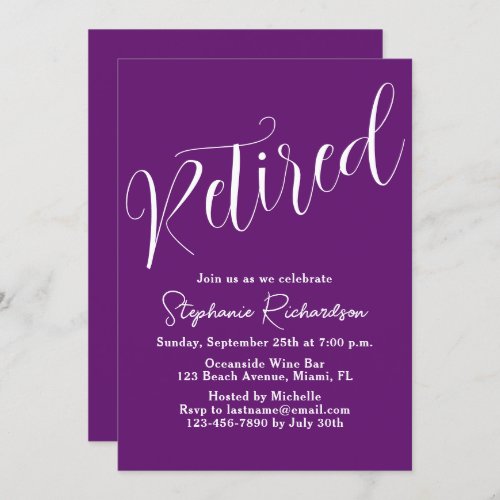 Simply Modern Script Autumn Purple Retirement Invitation