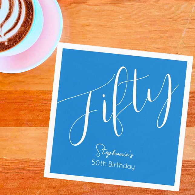 Simply Modern Script Blue 50th Birthday Napkins (Creator Uploaded)