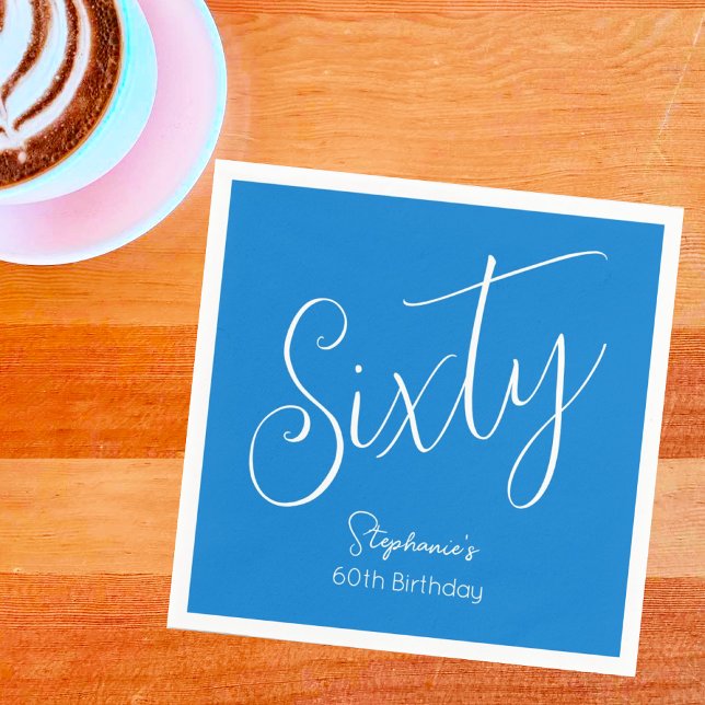 Simply Modern Script Blue 60th Birthday Party Napkins (Creator Uploaded)