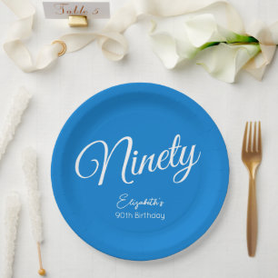Simply Modern Script Blue 90th Birthday Party Paper Plates