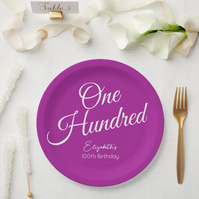 Simply Modern Script Dark Pink 100th Birthday Paper Plates (Wedding)