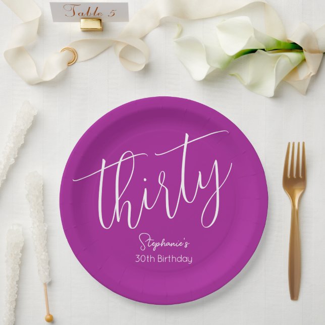 Simply Modern Script Dark Pink 30th Birthday Paper Plates (Wedding)