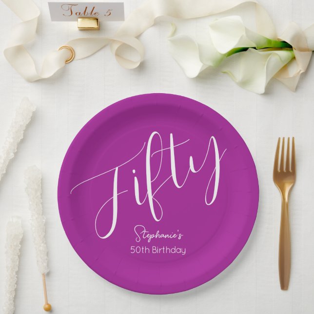 Simply Modern Script Dark Pink 50th Birthday Paper Plates (Wedding)