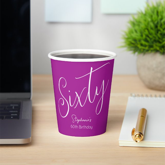 Simply Modern Script Dark Pink 60th Birthday Paper Cups (Insitu)