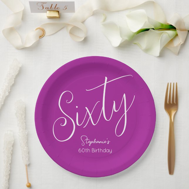 Simply Modern Script Dark Pink 60th Birthday Paper Plates (Wedding)