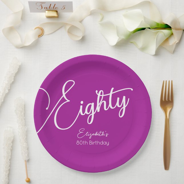 Simply Modern Script Dark Pink 80th Birthday Paper Plates (Wedding)