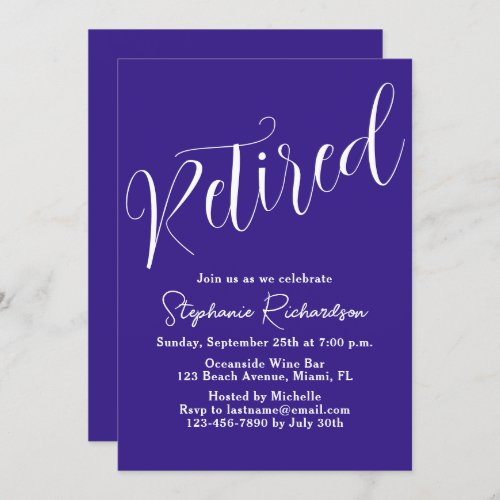 Simply Modern Script Dark Purple Retirement Invitation