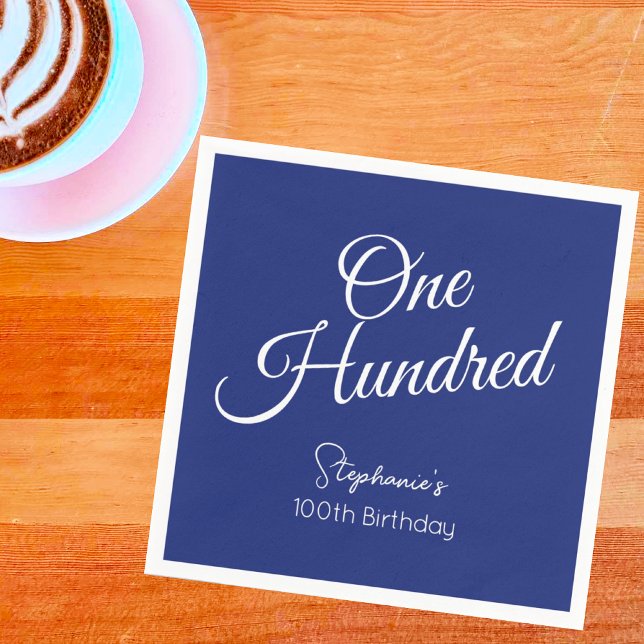 Simply Modern Script Navy Blue 100th Birthday Napkins (Creator Uploaded)