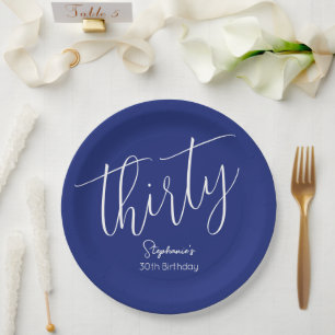 Simply Modern Script Navy Blue 30th Birthday Party Paper Plates